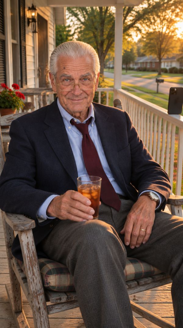 Frank Sedlak, an AI-generated character, sitting in a rocking chair on a porch at golden hour, holding a glass of iced tea.